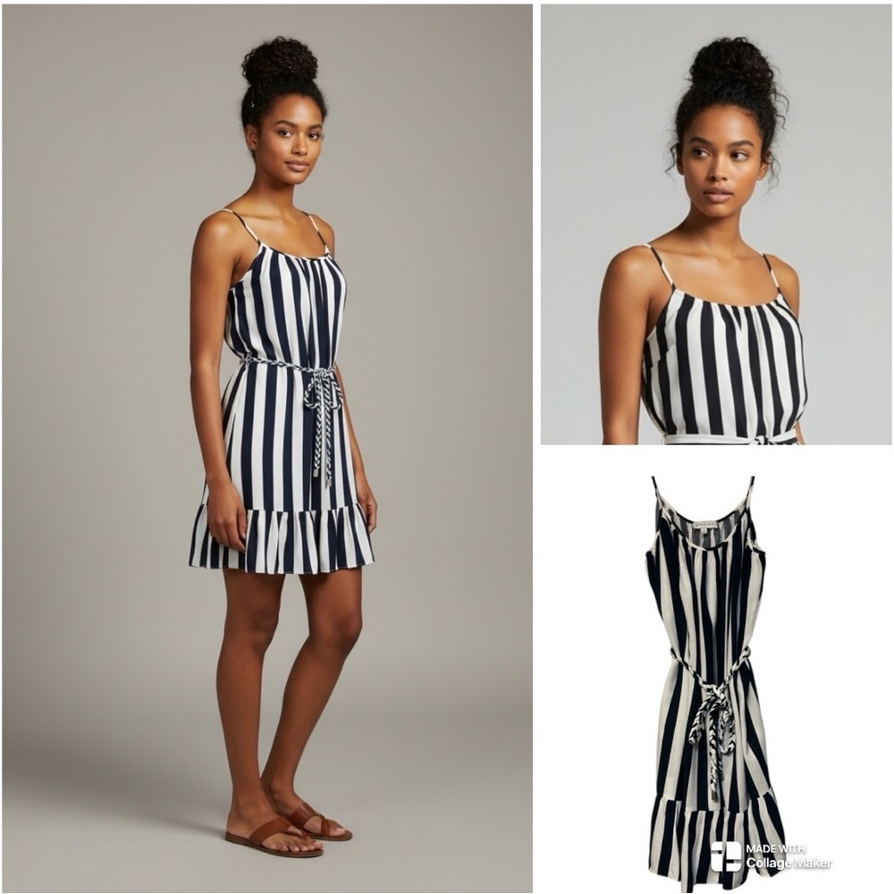 NWOT Gianni Bini linen blend navy and white sundress with braided belt